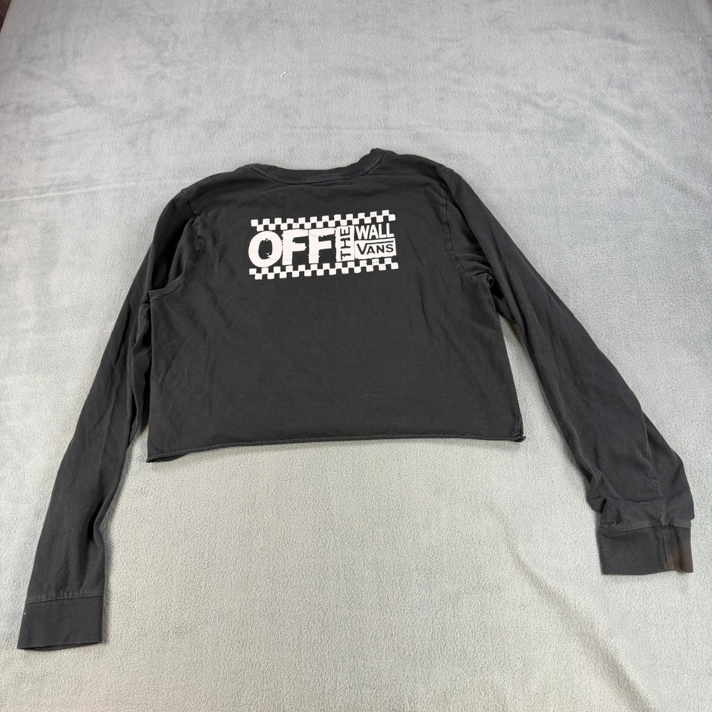 Vans Off The Wall Long Sleeve Cropped Graphic T-Shirt Black Large Raw Hem